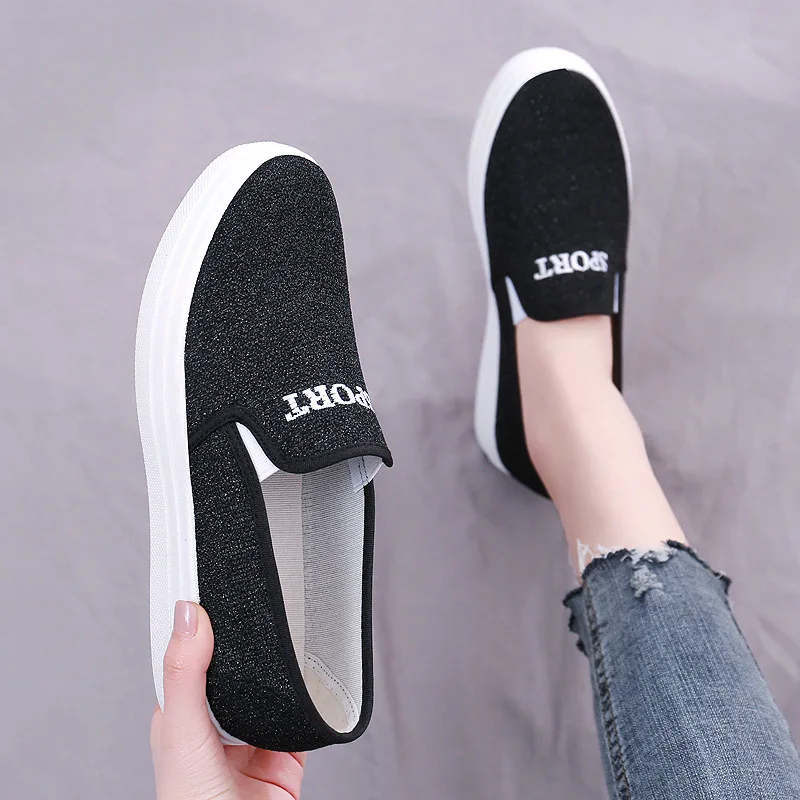 Women Shoes New Summer Canvas Shoes Fashion Bling Breathable Slip on Flat Shoes Ladies Spring Casual Loafers Chaussures Femme