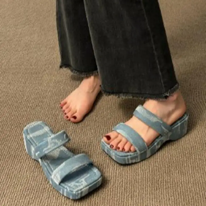 Summer New Herringbone Denim Platform High Heel Slippers Women's Platform Height Increasing Beach Shoes Wedge Slip-on Sandals