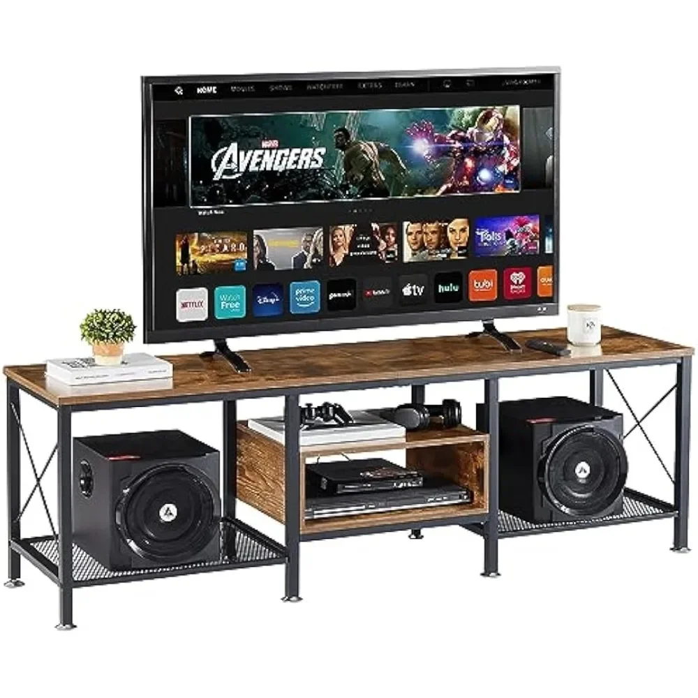 

VECELO Industrial TV Stand for 65 Inch Television Cabinet 3-Tier Console with Open Storage Shelves, Entertainment Center Metal