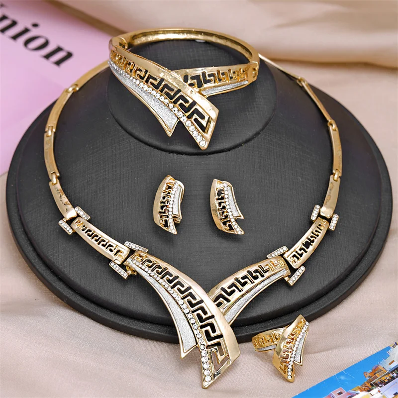 

Charms Jewelry Sets Square Geometric Bracelet Ring Two-color Necklaces for Women Hollow Crystal Earrings Engagement Wedding Ring