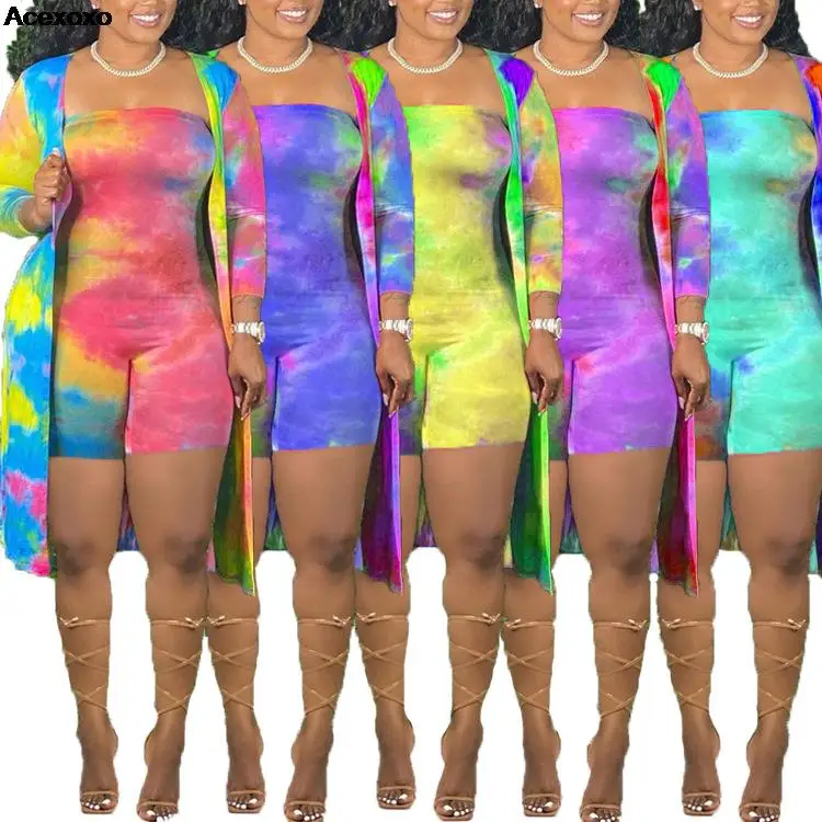 

New Europe and the United States leisure home sexy tie-dyed jumpsuit long-sleeved cardigan two-piece women