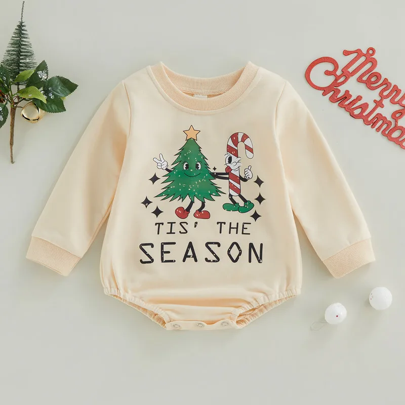 

Рождественская Одежда для маленьких мальчиков и девочек, осенне-зимнее боди для новорожденных, комбинезоны с мультяшными буквами и деревья...