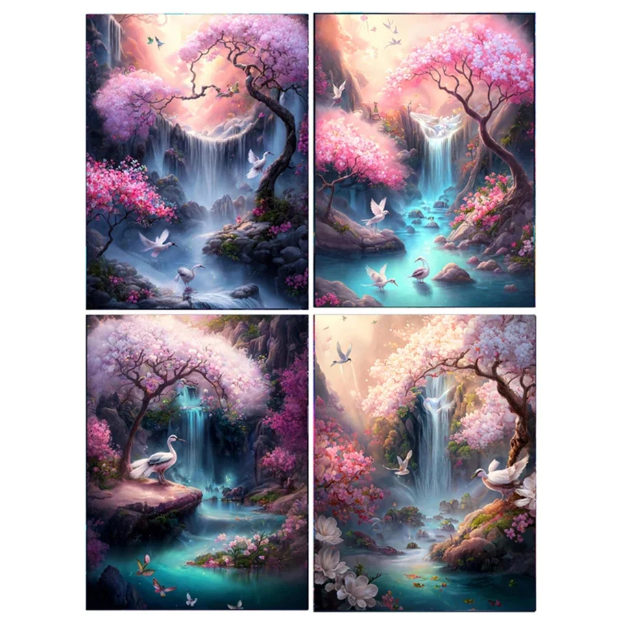 

Pink Landscape Diamond Painting Cross Stitch Kits Waterfall Full Square Mosaic Tree 5D DIY Diamond Art For Interior