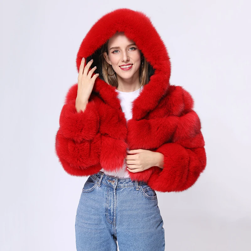Winter Women Fashion Cropped Sexy Hooded Real Fox Fur Coat Luxury Warm Temperament Plush Outwear Ladies High-end Thick Overcoat