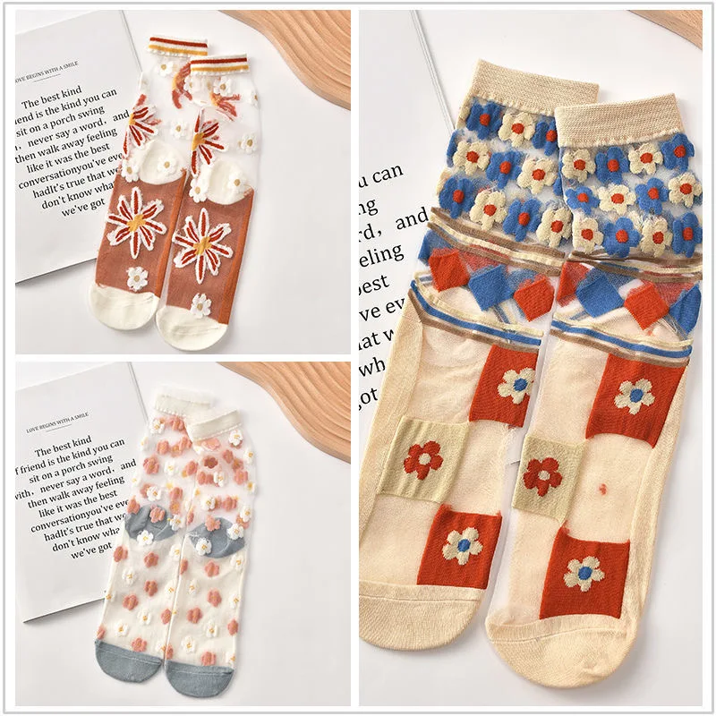 Модные носки летние тонкие женские чулки прозрачные шелковые жаккардовые