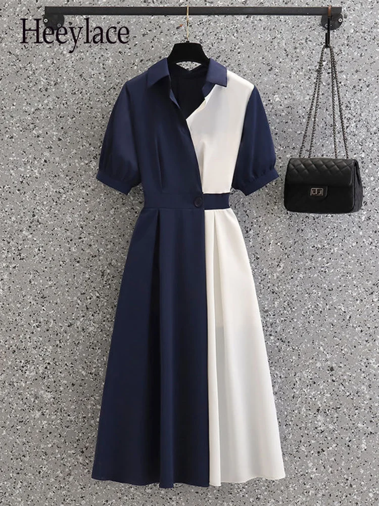 

Женское офисное платье с коротким рукавом, элегантное лоскутное платье-трапеция с отложным воротником и высокой талией, лето 2022