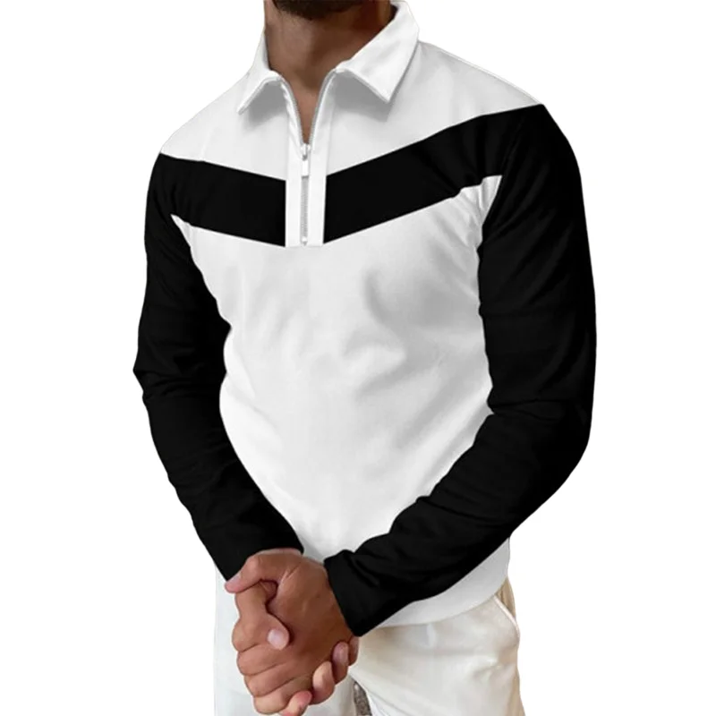

2023 New Casual Patchwork Striped Slim Fit Polo Shirts Men Turn-down Collar Long Sleeve Blouse Tops Zippers TEES Clothing