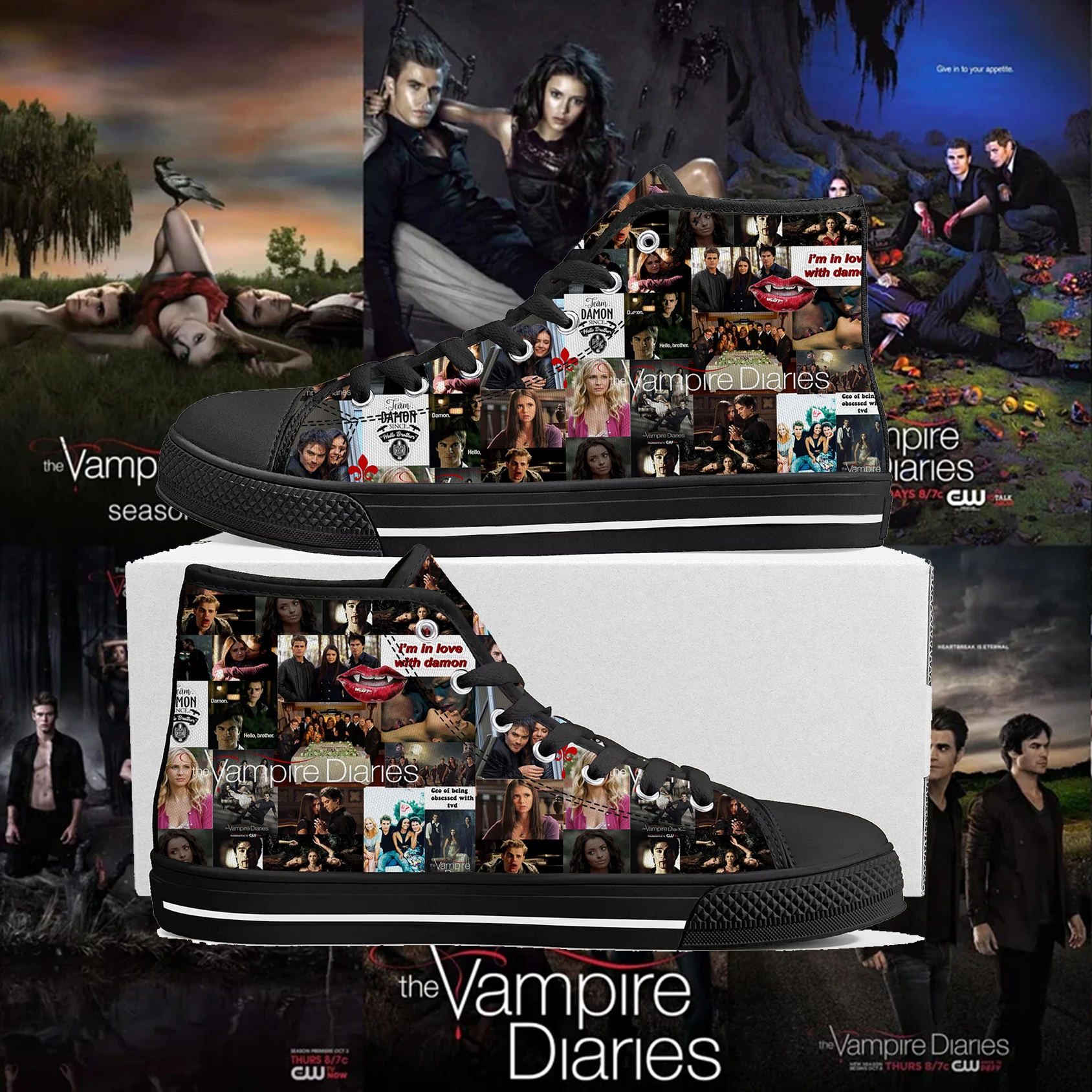 Фото Повседневная обувь The Vampire Diaries, высокие кеды из канваса, слипоны для мужчин, женщин и подростков, высококачественная повседневная обувь на плоской подошве для прогулок №2