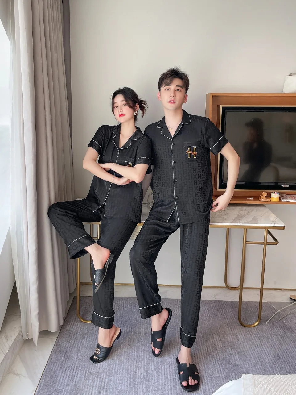 [Women's pajamas] [high-quality]2023 New Couple Pajamas Spring/Summer Ice Silk Imitation Silk Thin Sweet Home Fur Set