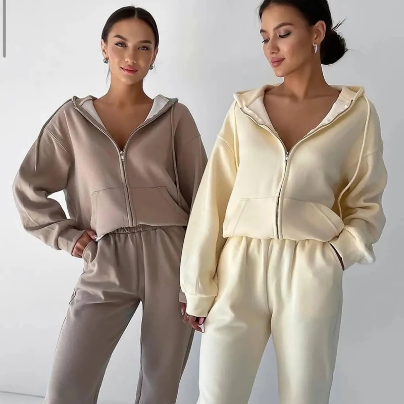 

Женский Повседневный свитер с капюшоном, Однотонный свитер на молнии с высокой талией, комплект из двух предметов для бега на осень