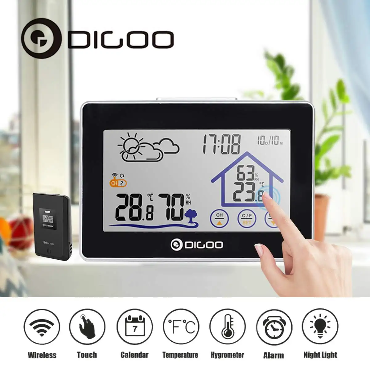 

Digoo DG-TH8380 Wireless Thermometer Hygrometer Touch Screen Weather Station With Thermometer Outdoor Forecast Sensor Clock