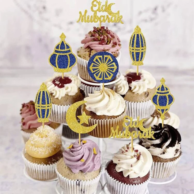 

12pcs Blue Golden Eid Mubarak Cupcake Topper Ramadan Decoration 2023 Islam Muslim Festival Party Supplies Glitter Dessert Decor