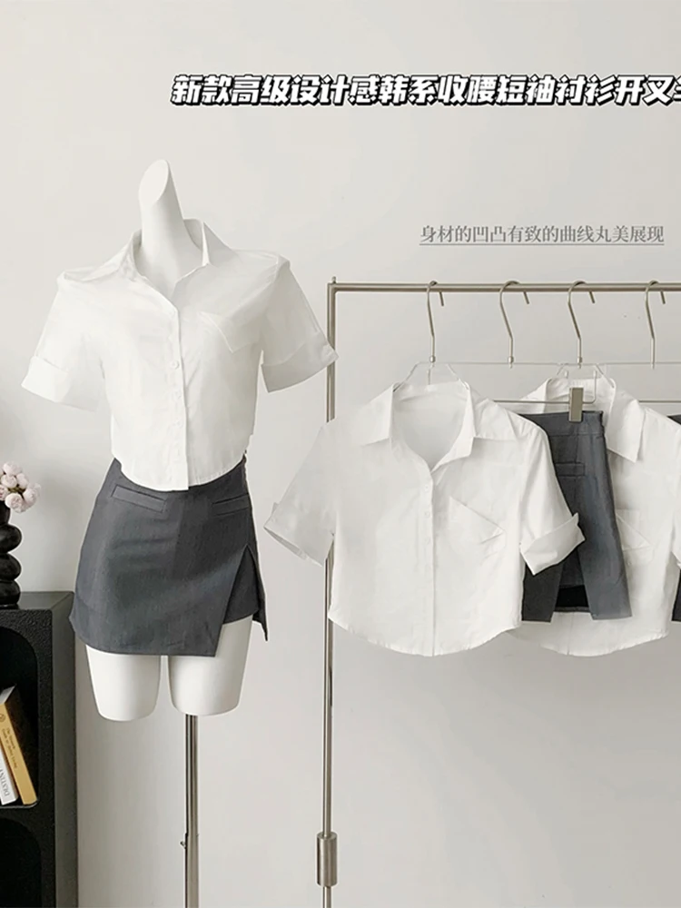 

2023 Summer Women Korean Fashion Office Lady Outfits 2 Piece Set Short Sleeve Shirt Tops + Design Mini Slit Skirt Shorts Tide