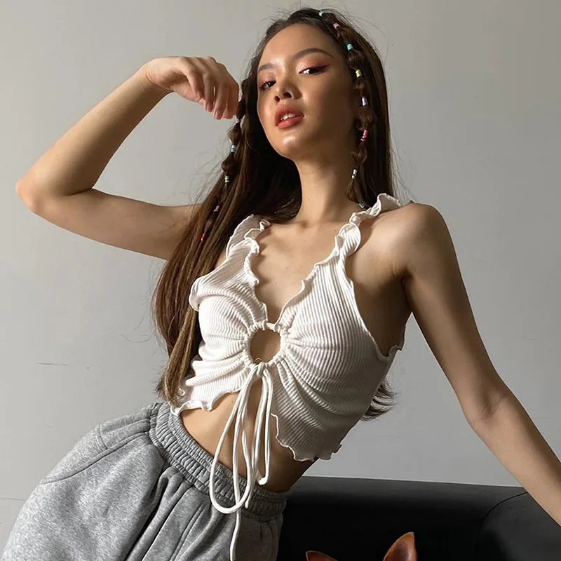 

2023 Nwe Lace-up Openwork Sexy Sleeveless T-shirt Beautiful Summer Hot Design Love Backless Camisole Vest Tank Women's Clothing