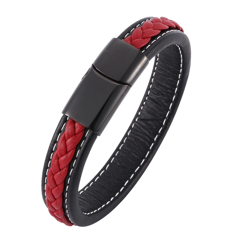 Classic Men Bracelets Black Red Braided Leather Bangles Stainless Steel Fashion Wristband Simple Hand Jewelry Male Gifts SP0008