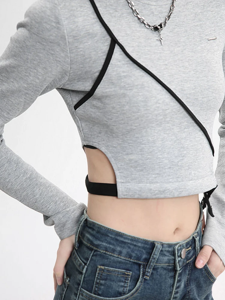 

Deeptown Vintage Gray Hollow Out T Shirts Women Harajuku Grunge Slim Long Sleeve Tees Casual Basic Crop Tops Y2K Aesthetic Kpop