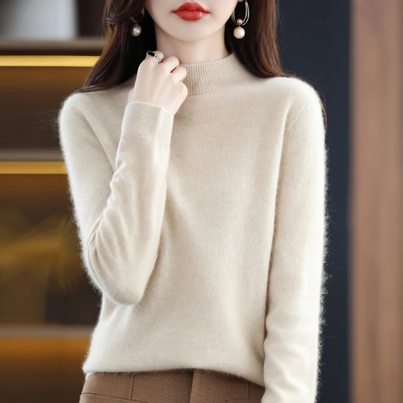 

First-Line Ready-To-Wear Merino 100% Pure Wool Women's Semi-High Neck Joker Sweater Knitted Bottoming Shirt In Autumn And Winter