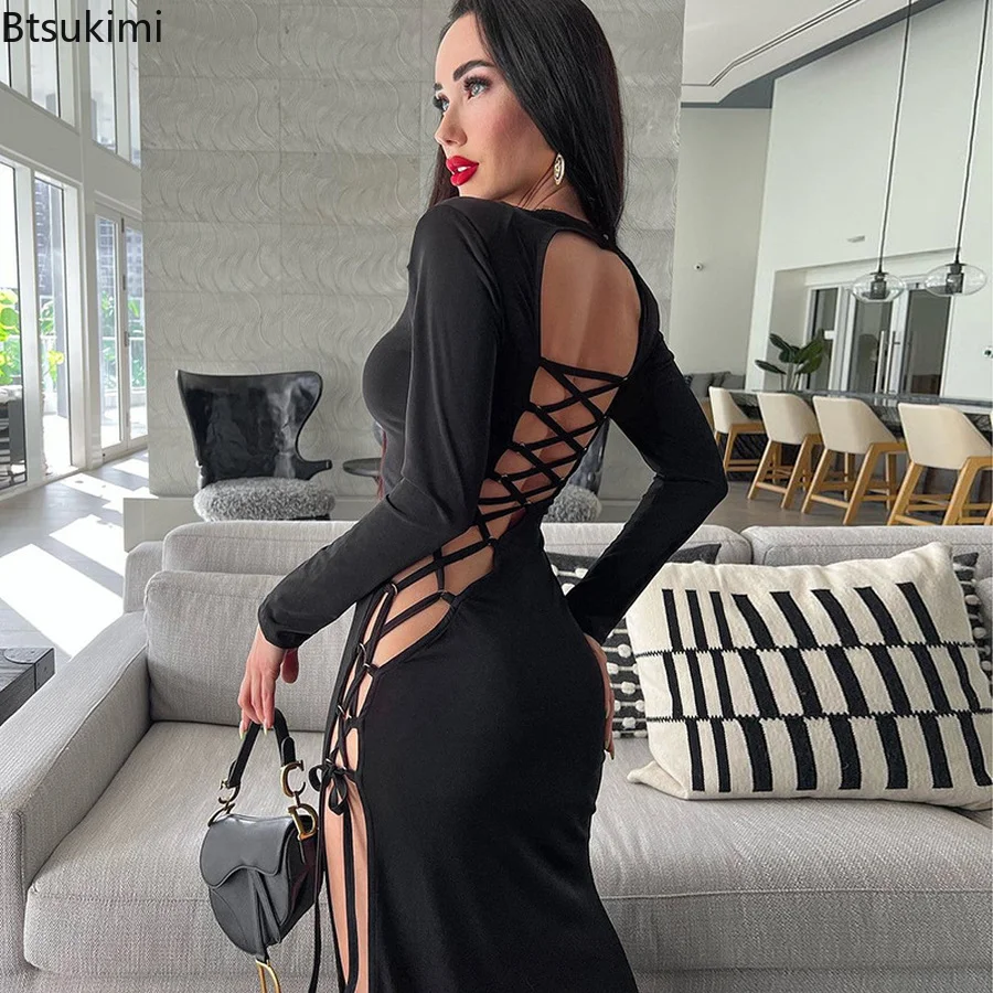

Lace Up Hollow Out Women Sexy Dress Long Sleeve Side Slit Backless Midi Dress Bodycon Sexy Streetwear Party Festival Club Dress