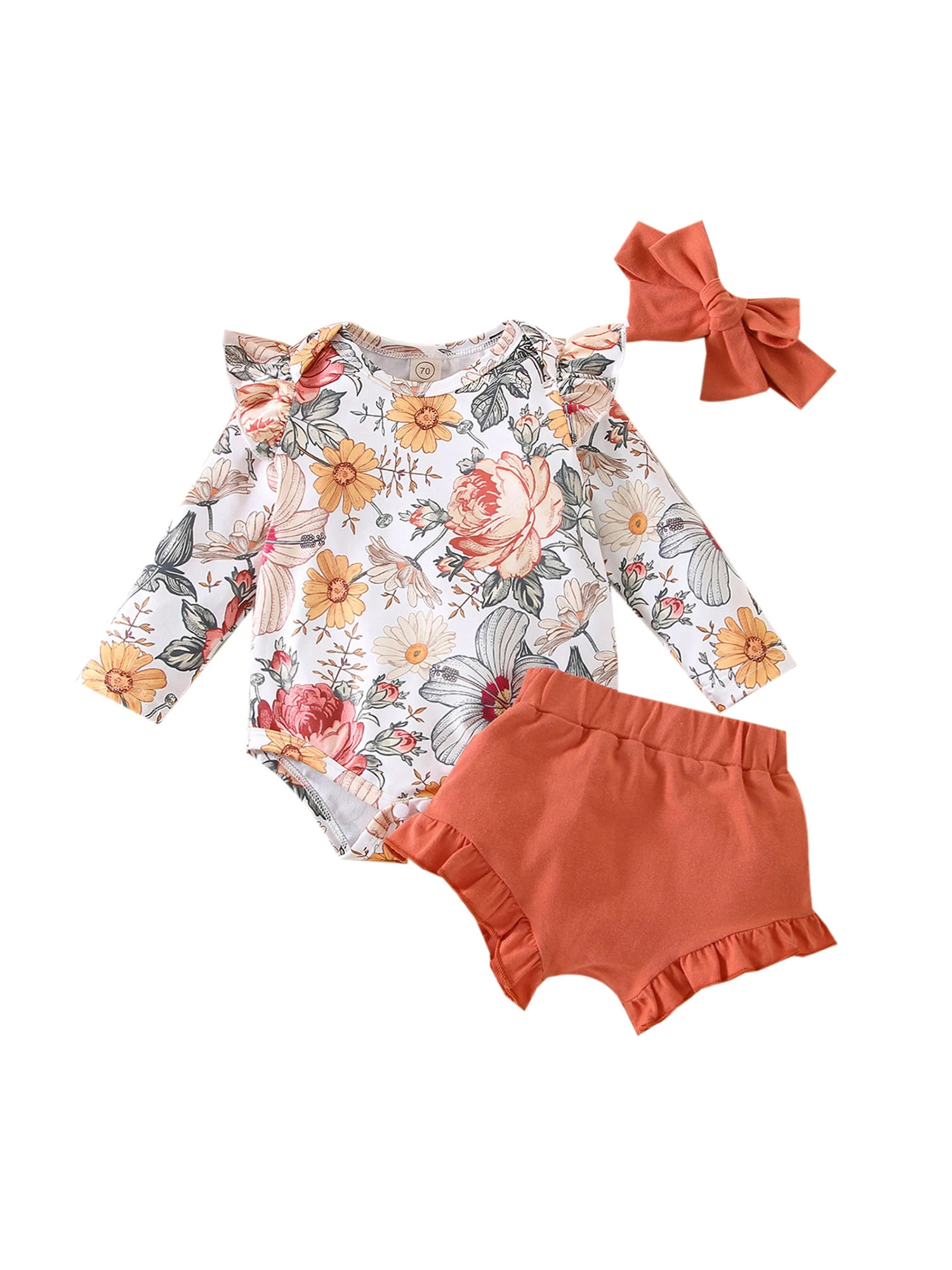 

Newborn Toddler Baby Girl Long Sleeve Floral Bodysuit Romper Ruffle Shorts with Headband Casual Cute 3Pcs Outfit