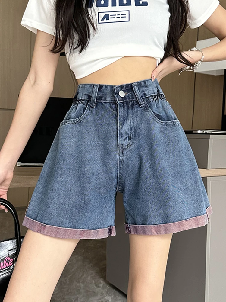 New Spring Summer Women Retro Elastic Waist Loose Denim Shorts Streetwear Female Wide Leg Jeans Shorts Bottoms