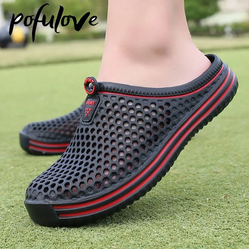 

Pofulove Summer Slippers Men Hollow Out Breathable Beach Flip Flops Unisex Casual Slip-on Flats Sandals Men Shoes Size 45