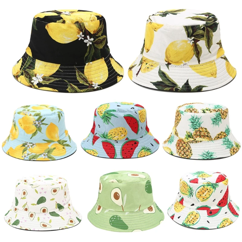 

Women Summer Tropical Fruits Printed Bucket Hat Outdoor Sunscreen Reversible Double Sided Hip Hop Panama Fisherman Cap