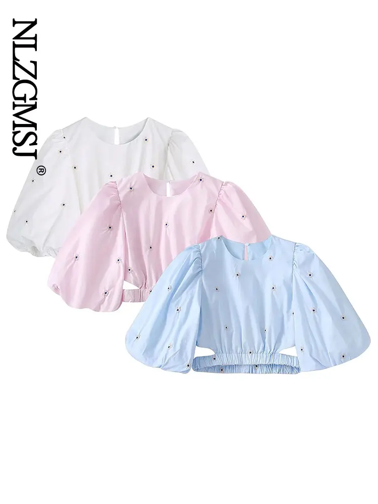 

Nlzgmsj Women Embroidery Cotton Blouse Shirt for Summer Puff Short Sleeve 2022 Crop Shirt Tops 202206