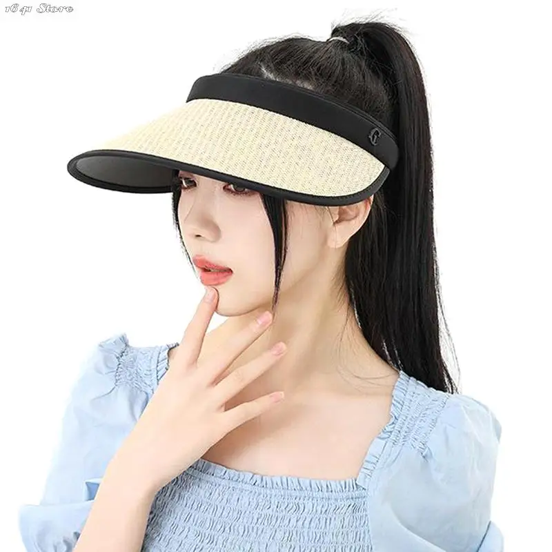

1Pc Empty Top Straw Hat Travel Sunshade Sun Hat Cap Trendy Superlite Beach Foldable Roll Up Cap Cruise Wear Visor Cap For Womens