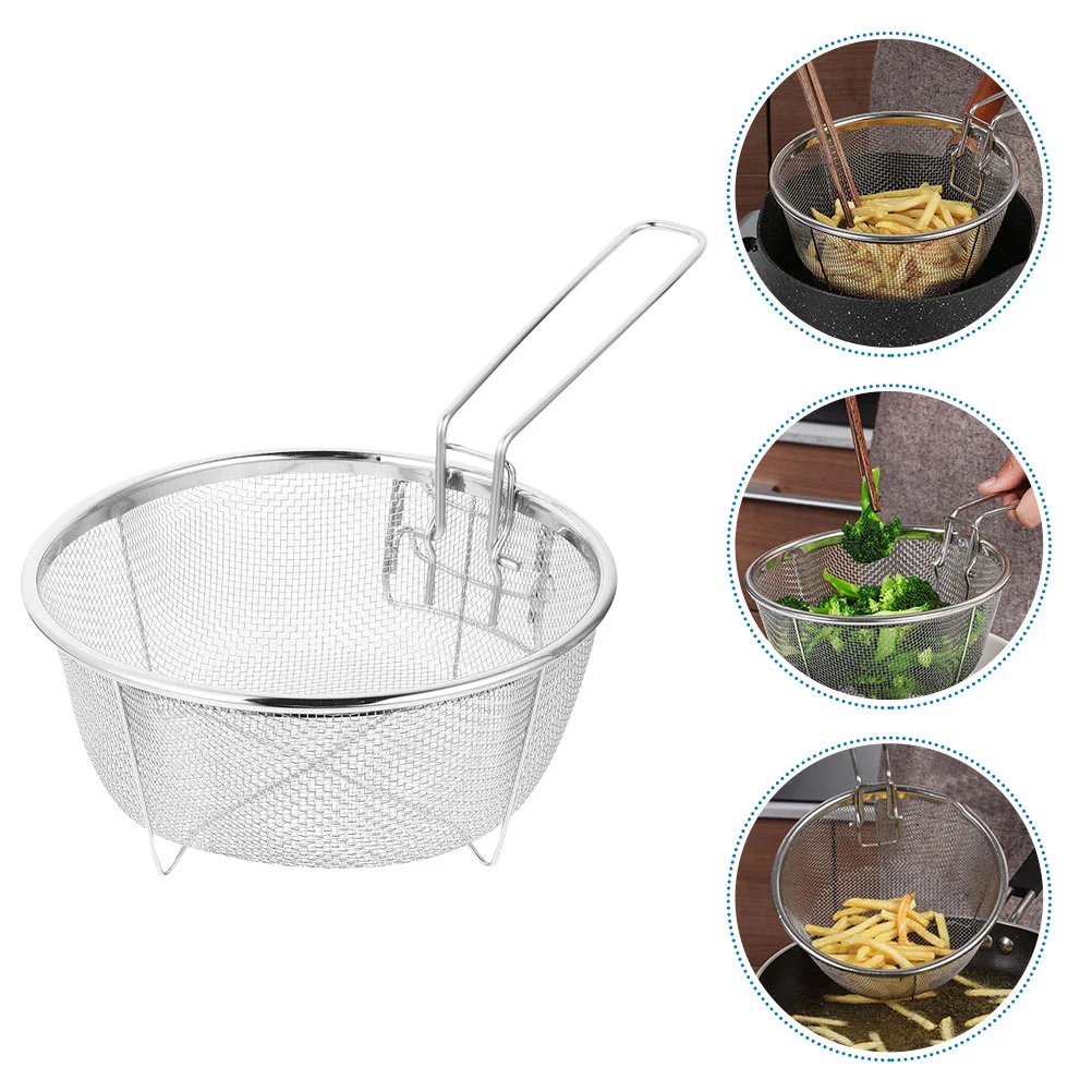 

Stainless Steel Frying Basket Handle Mesh Air Fryer Pot Mini Deep Small Round Folding