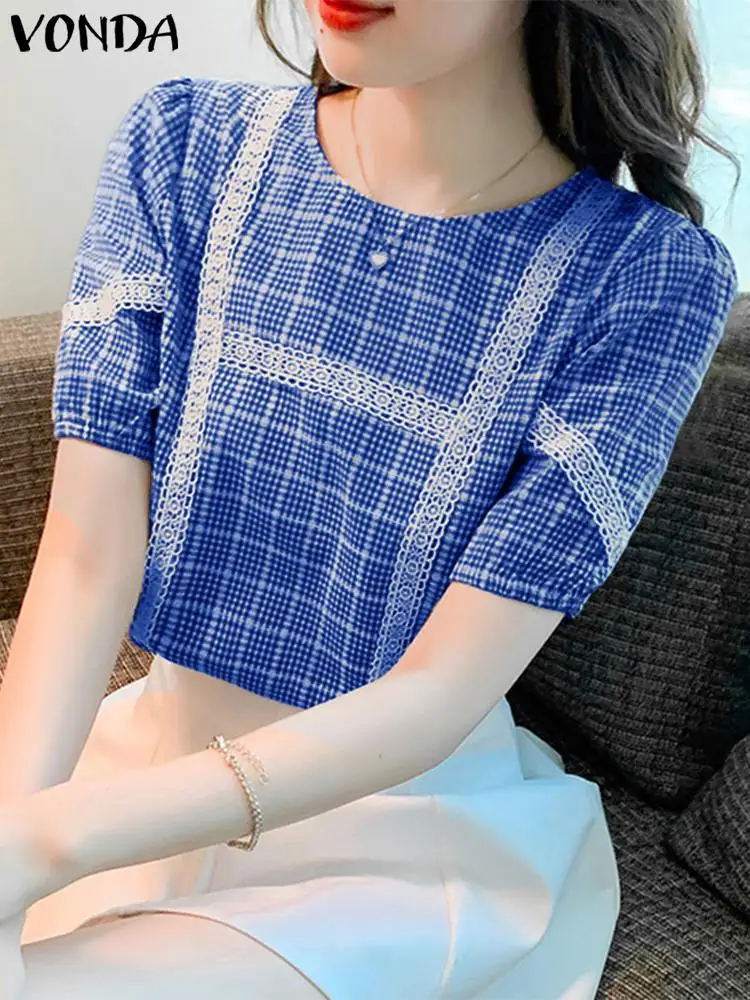 

Fashion Plaid Blouses 2023 VONDA Summer Women Casual Checked Printed Bohemian Tops Short Sleeve Loose Lace Patchwork OL Shirts