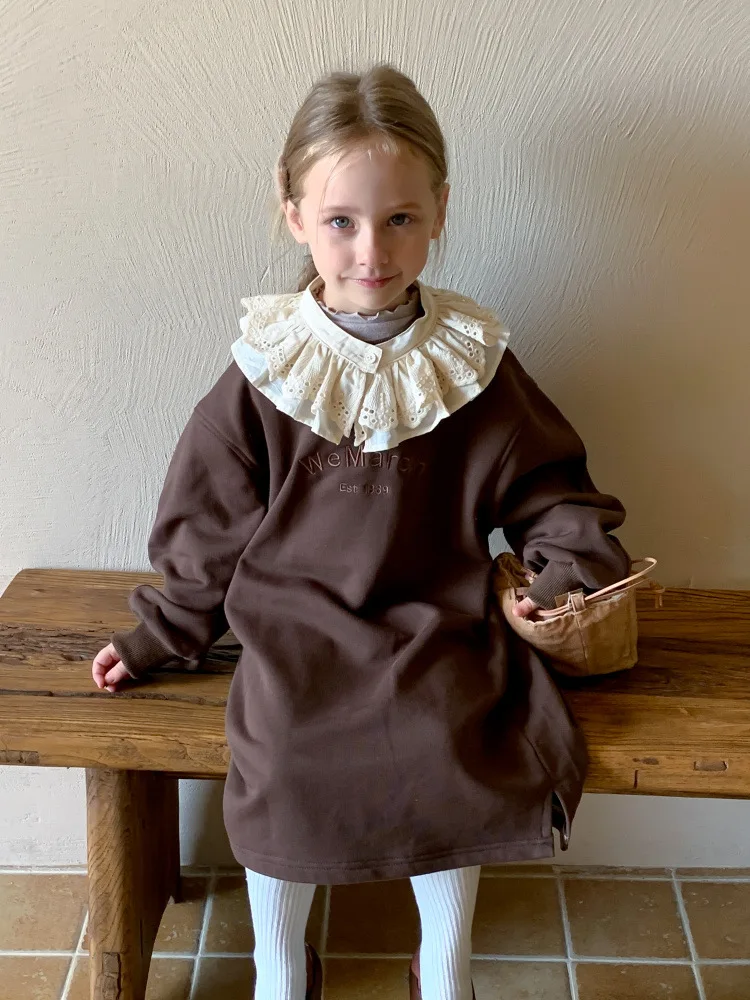 

HoneyCherry Girls Letter Embroidery Sweatshirt Dress Autumn New Fashion Long Solid Color Lace Lace Neck Dresses