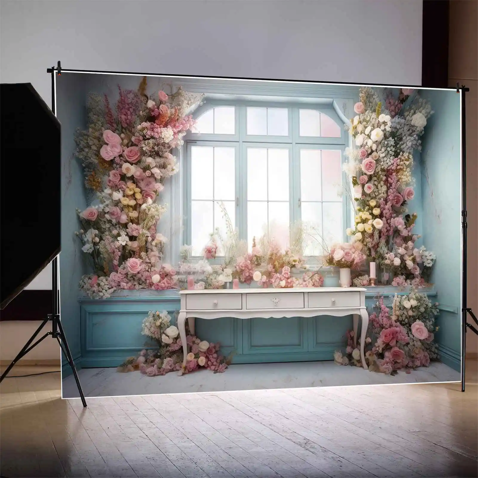 

MOON.QG Background Pink Floral Flower Birthday Party Frame Home Window Backdrop Girls Blue Room Table Candle Light Photo Booth