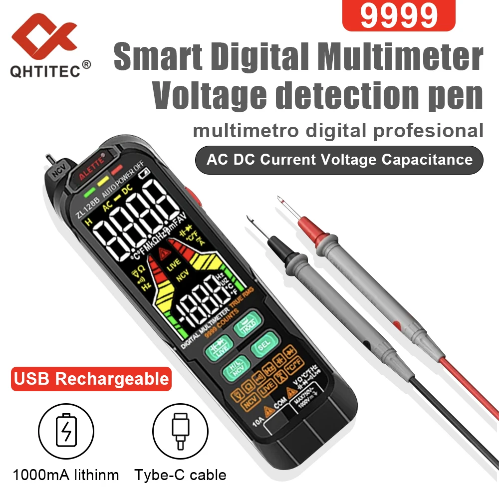 

QHTITEC Digital Multimeter AC DC Current Voltage Detector Pen True RMS Capacitance Temp USB Charge Auto Range Multimetro NCV
