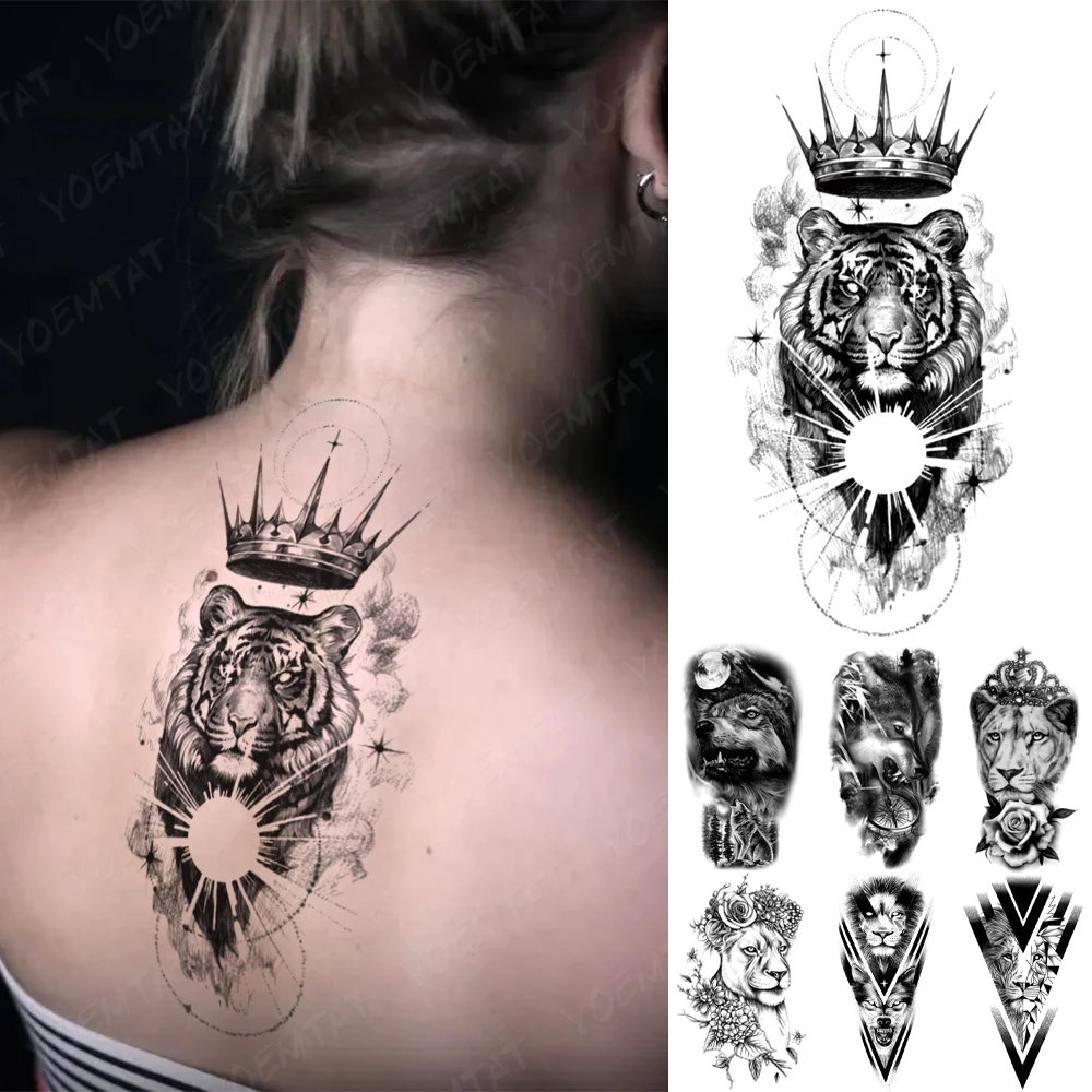 

Водостойкие временные тату-наклейки, тигр, корона, звезды, Лев, роза, волк, раньше для женщин, мужчин, боди-арт, искусственные рукава, татуиров...