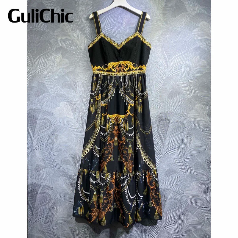 

4.10 GuliChic Women V-Neck Vintage Print Patchwork Collect Waist Slim Temperament Spaghetto Strap Dress