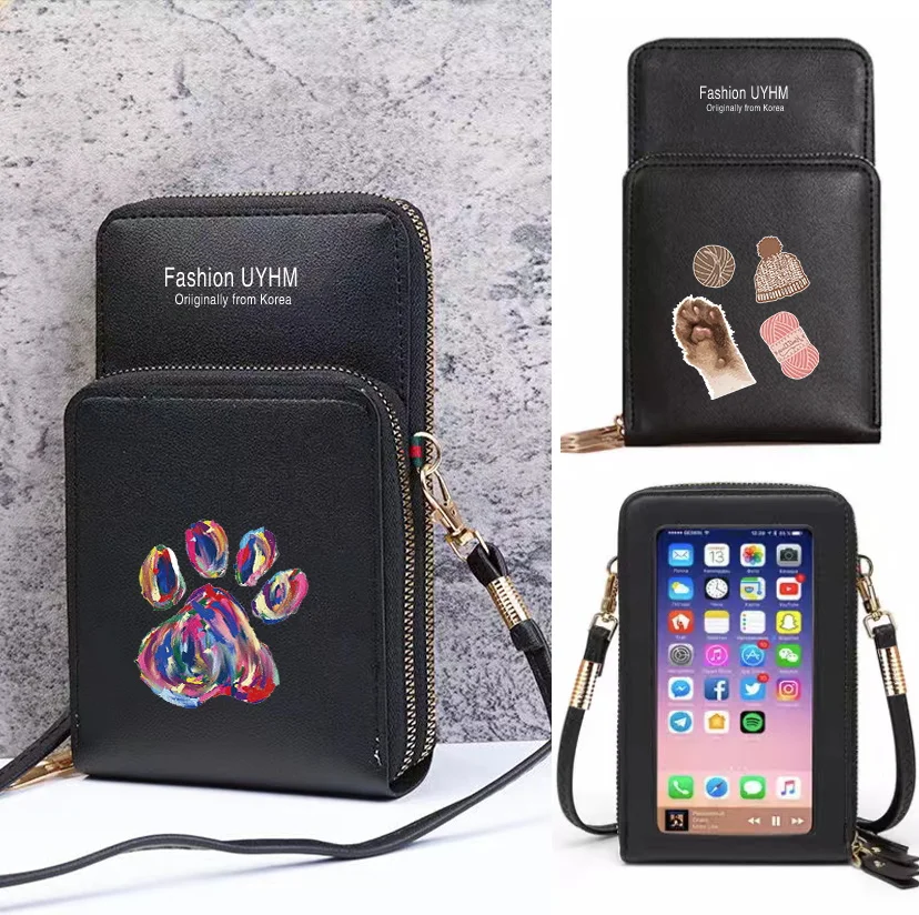 

Touch Screen Phone Bag Shoulder Messenger Bags Card Holders Women Leather Zipper Footprints Print Clutch Purse Crossbody Handbag