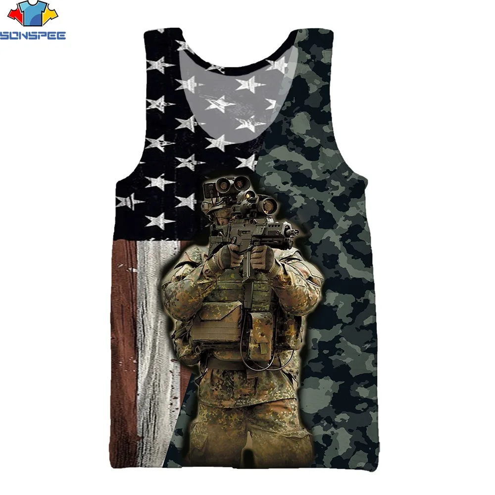 

SONSPEE 3D Print Sports Camouflage Men's Vests Macho Muscle Cosplay Submachine Gun Summer Round Neck Street Gym Trend Tank Tops