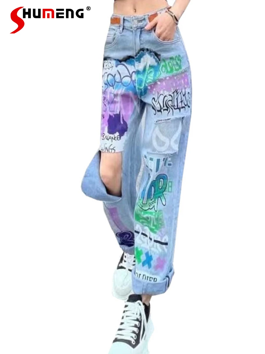 

Женские джинсы, Новинка лета 2022, европейские товары, модные рваные брюки с граффити, специальные универсальные укороченные мешковатые джин...