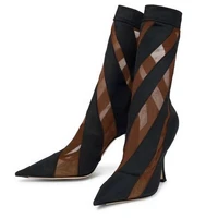 pointy toe patchwork stripe sock boots 2022 spring summer fashion high heel ankle boots soft breathable shoes short for lady 45