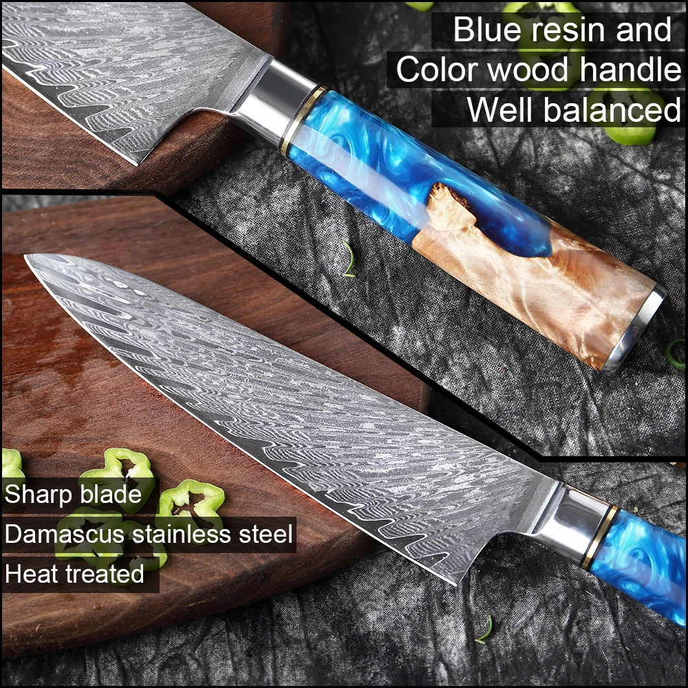

Набор кухонных ножей VG10 из дамасской стали, шеф-повар, мясницкий нож для чистки хлеба, резец с синей смолой и цветной деревянной ручкой, 1-7 шт....