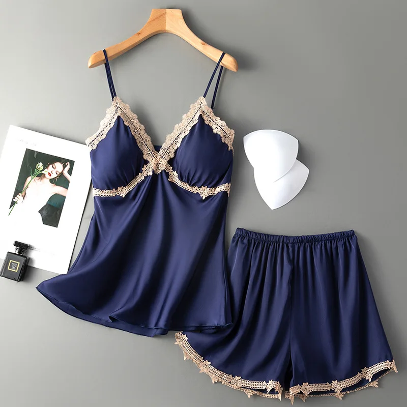 Sexy Summer Women's Pajamas Set, Gathered Small Chest Ice Silk With Chest Pad Suspenders Short Two-Piece Sleepwear Home Clothes