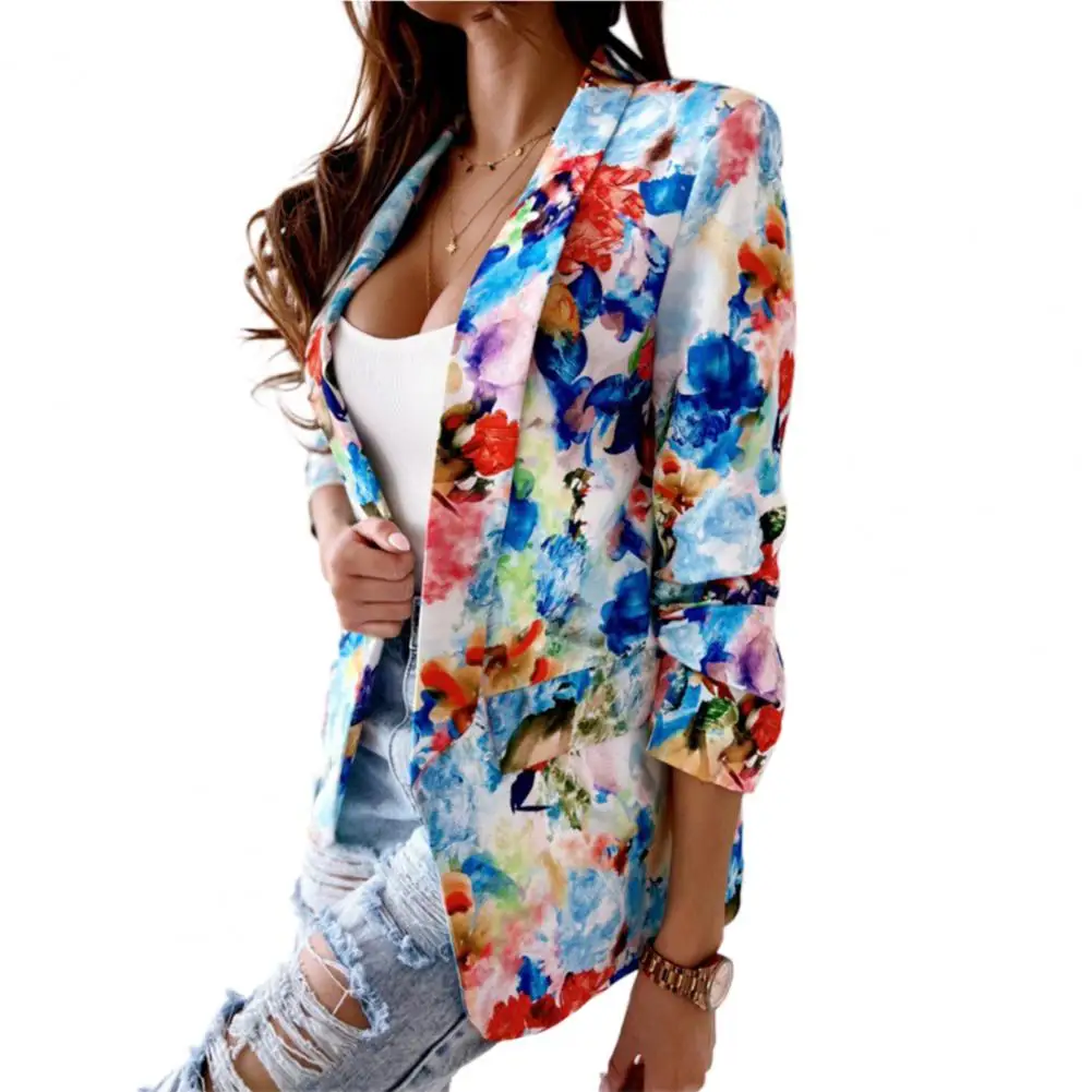 

Autumn Female Blazers Coat Casual Long Sleeve Cardigan Colorful Print Slim Fake Pockets Floral Suit Jacket for Office Outwear