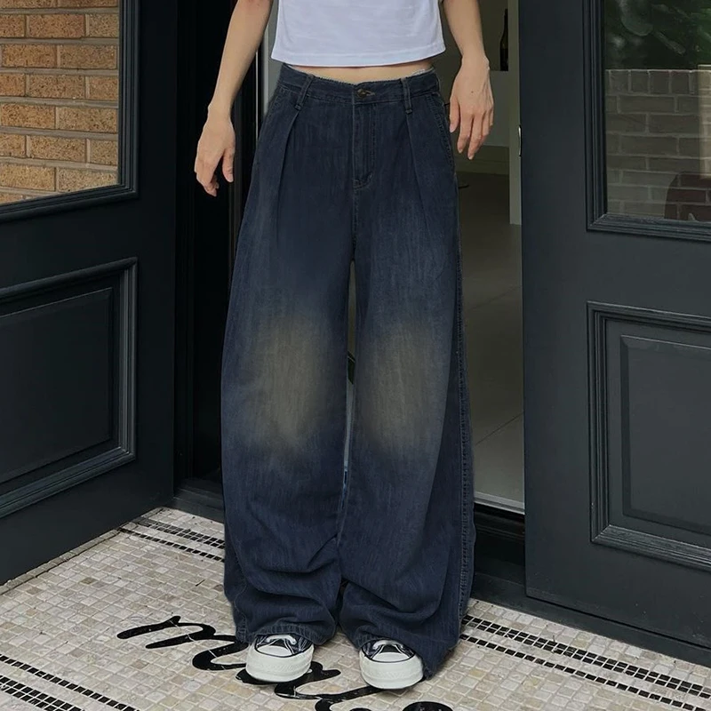 WeiYao Korean Fashion Baggy Jeans For Women Blue Simpe Casual Low Waist Straight Leg Denim Pants Washed Vintage 90s Streetwear