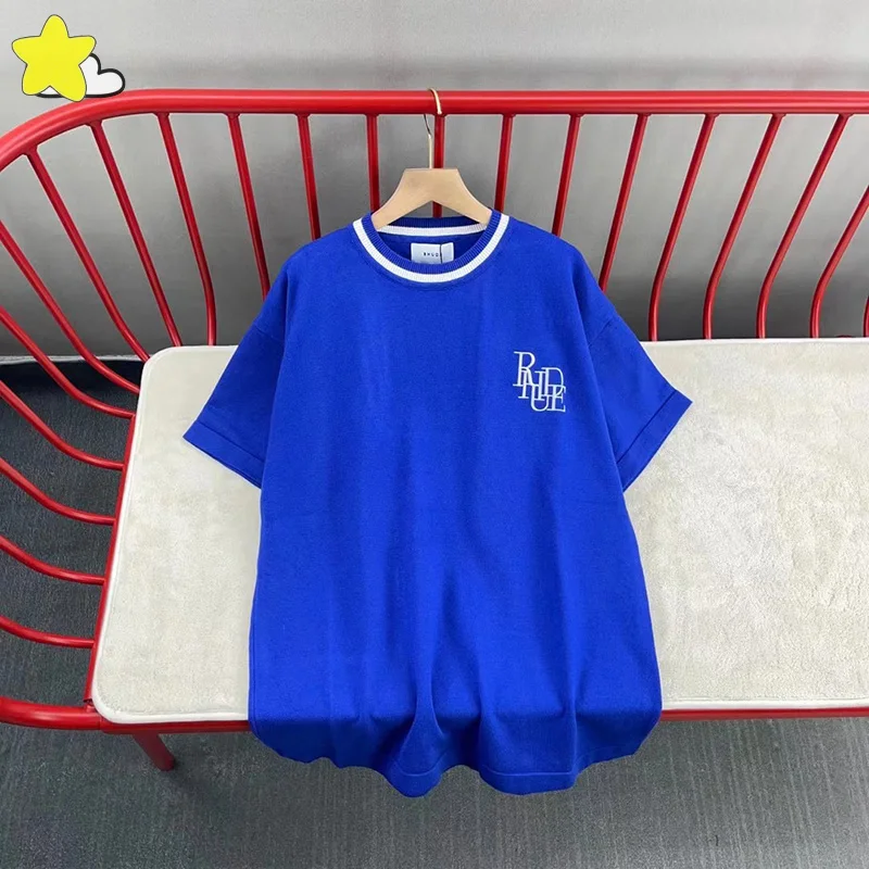 

2023 New Green Blue Rhude Knitted T Shirt Men Women Streetwear Fashion Embroidered RHUDE Tee Oversized Short Sleeve Inside Tags