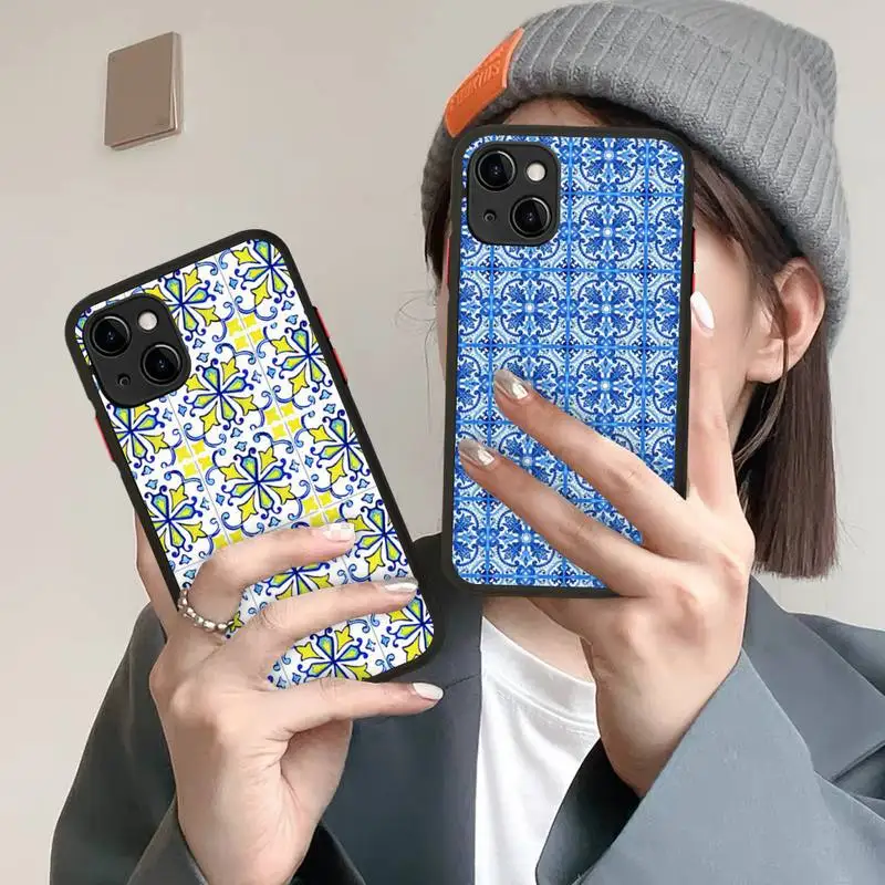 

Portuguese Glazed Tiles Phone Case for iPhone X XR XS 7 8 Plus 11 12 13 pro MAX 13mini Translucent Matte Case