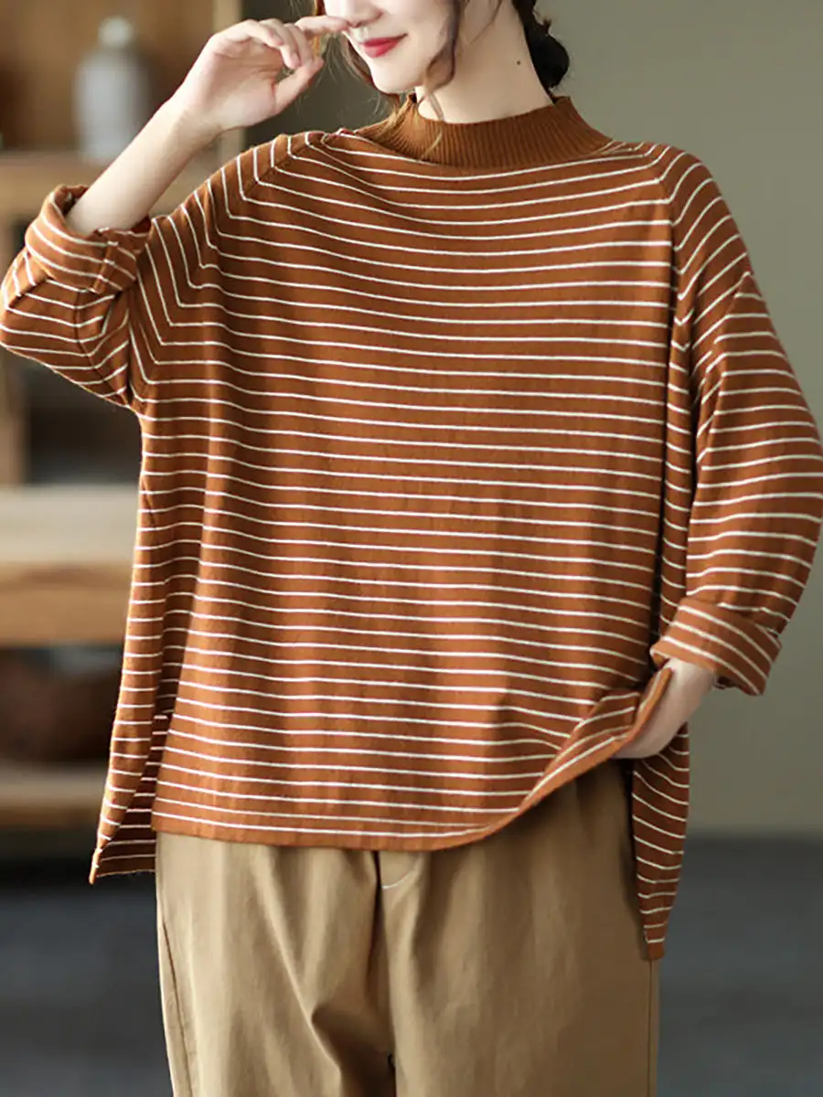 

Pullover Blouse National Style Tops Women Brown Sweater Spring Autumn Female Korean Aesthetic Clothes Turtleneck Pullover Shirts