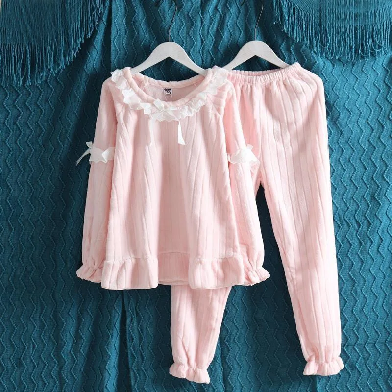 Coral Velvet Pajamas Women Autumn Winter Korean Style Sweet and Lovely Princess Style Home Clothes Flannel Thickening Suit