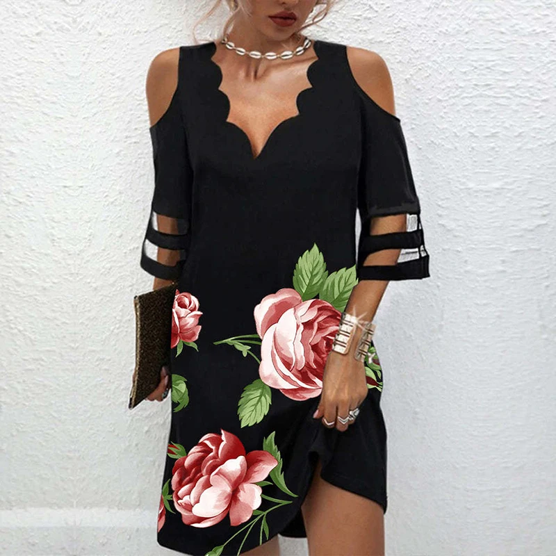 

Summer Floral Print Short Dress Women Casual V Neck Short Sleeve Lace Mesh Patchwork Mini Dress Female Loose Beach Party Dresses