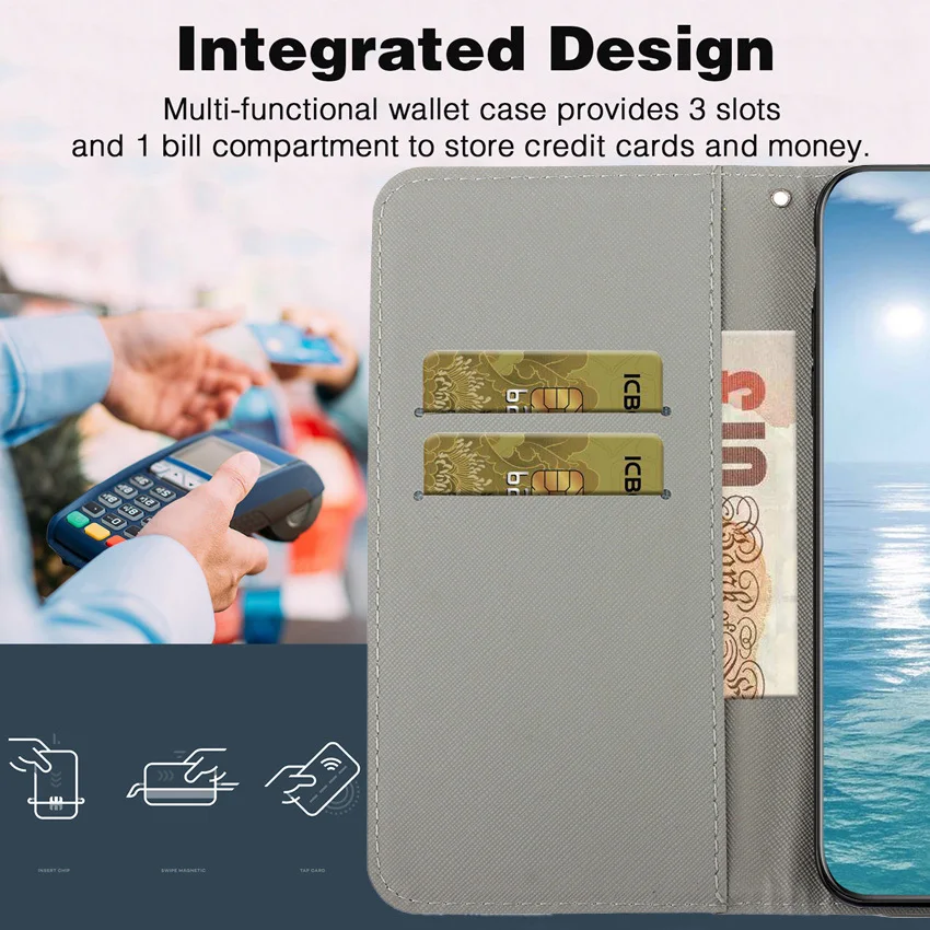 Фото Окрашенный кожаный чехол для Redmi 9 9A 9C 9T Note 7 8 8T 9 9S Pro A1 A4 A5 Flip Wallet Card Stand Book Cover бабочка кошка цветок №5