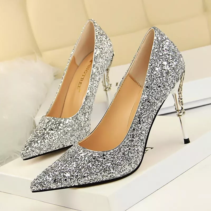 

2023NEW ladies glitter gold silver pumps 2022 sexy pointed toe over 8cm high heels wedding party shoes women pumps